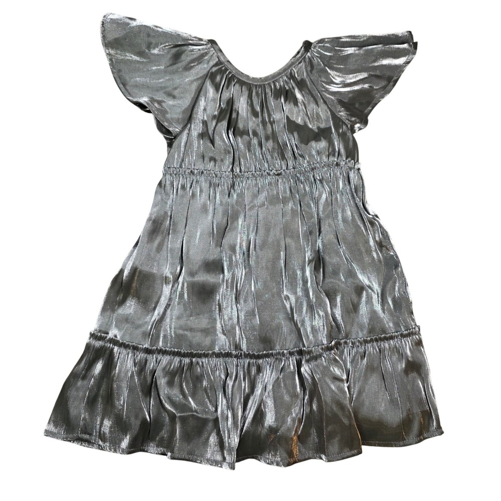 Wonder Nation‎ Girls Gunmetal Silver Metallic Flutter Sleeve Tiered Dress 4T NEW